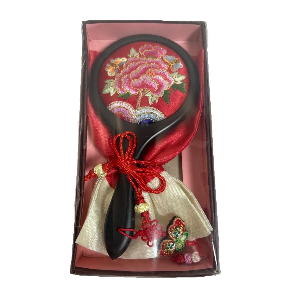 Embroidery Hand Mirror With‎ Peony Pattern New, Red